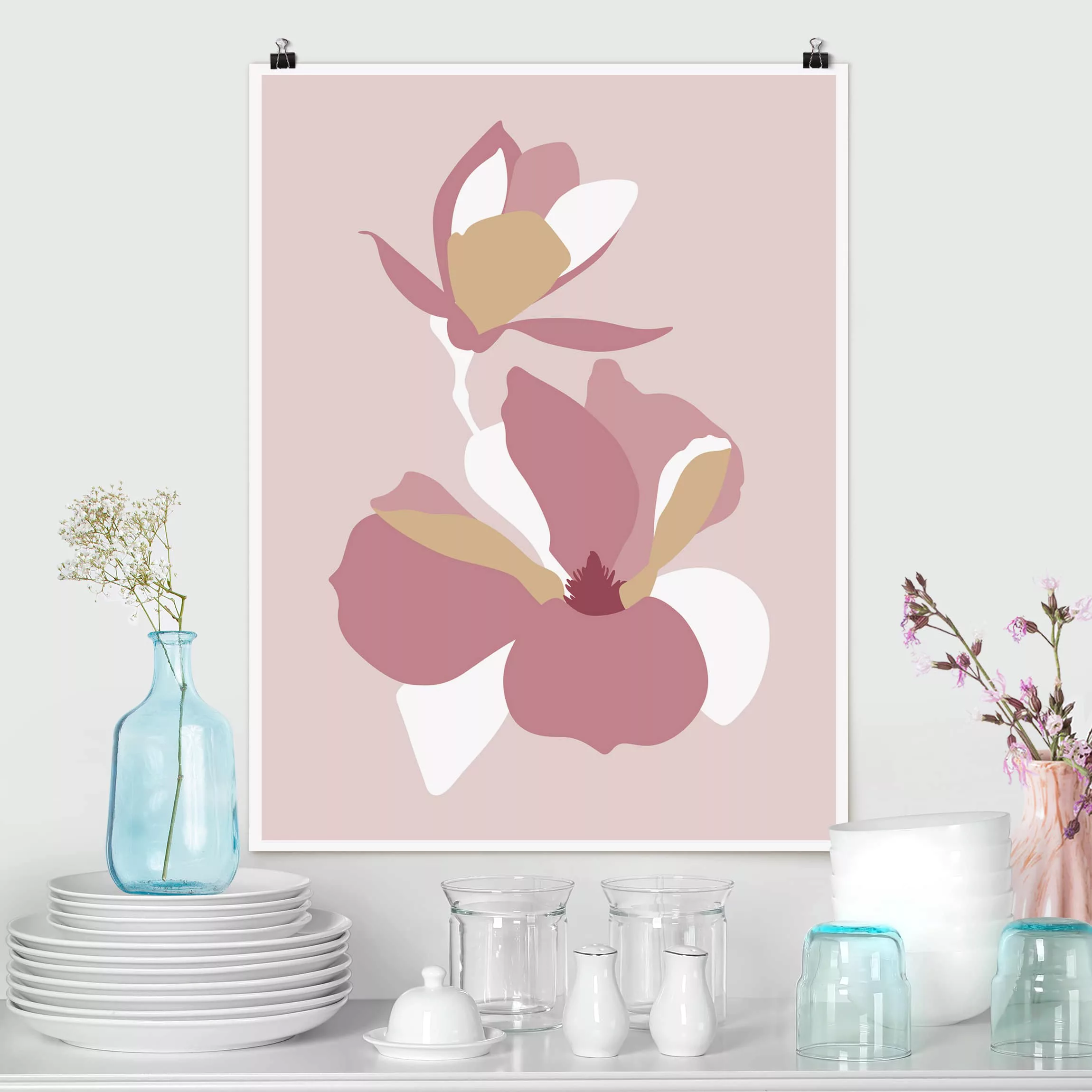 Poster Blumen - Hochformat Line Art Blüten Pastell Rosa günstig online kaufen