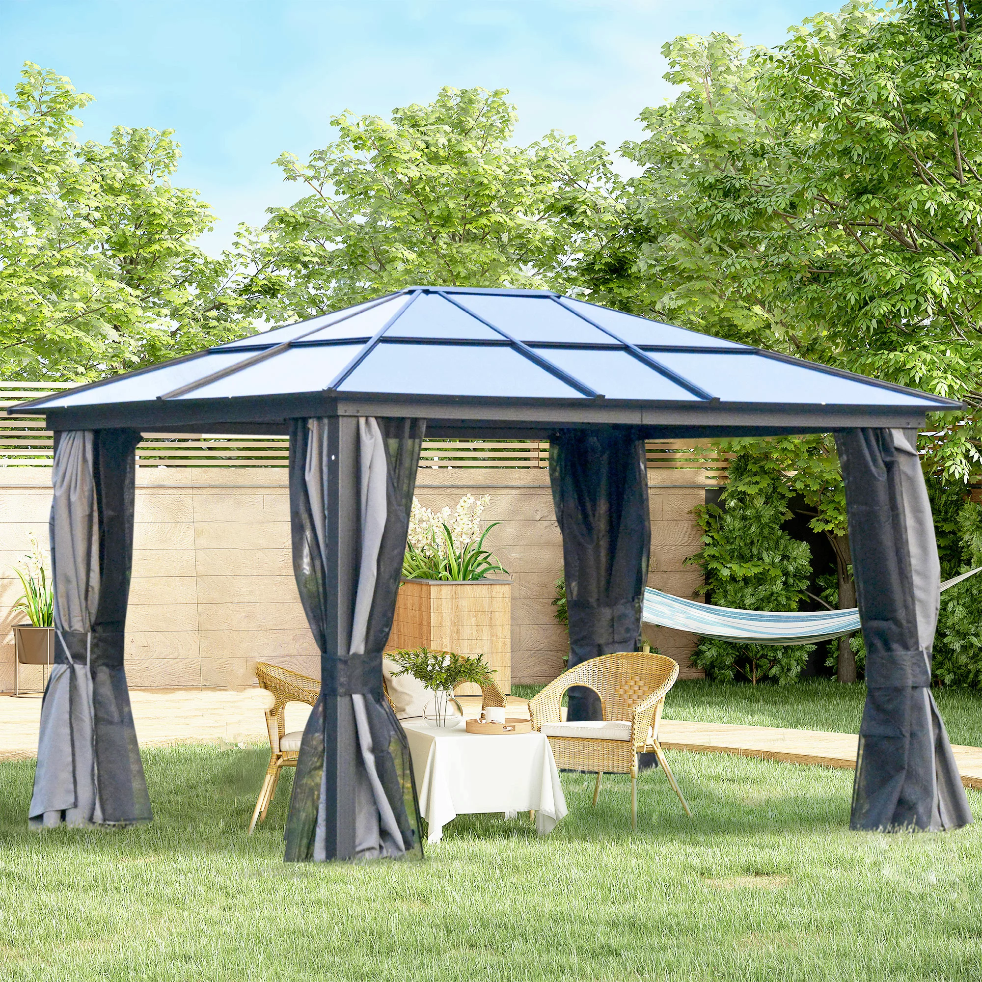 Outsunny Luxus Hardtop Gartenpavillon 3 x 3,6 m, 4 x Doppel-Vorhänge, wette günstig online kaufen