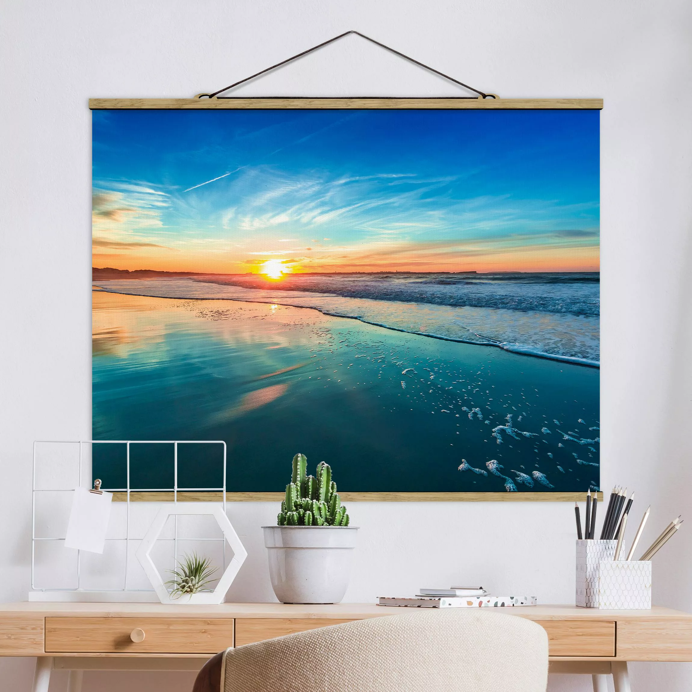 Stoffbild Strand mit Posterleisten - Querformat Romantischer Sonnenuntergan günstig online kaufen