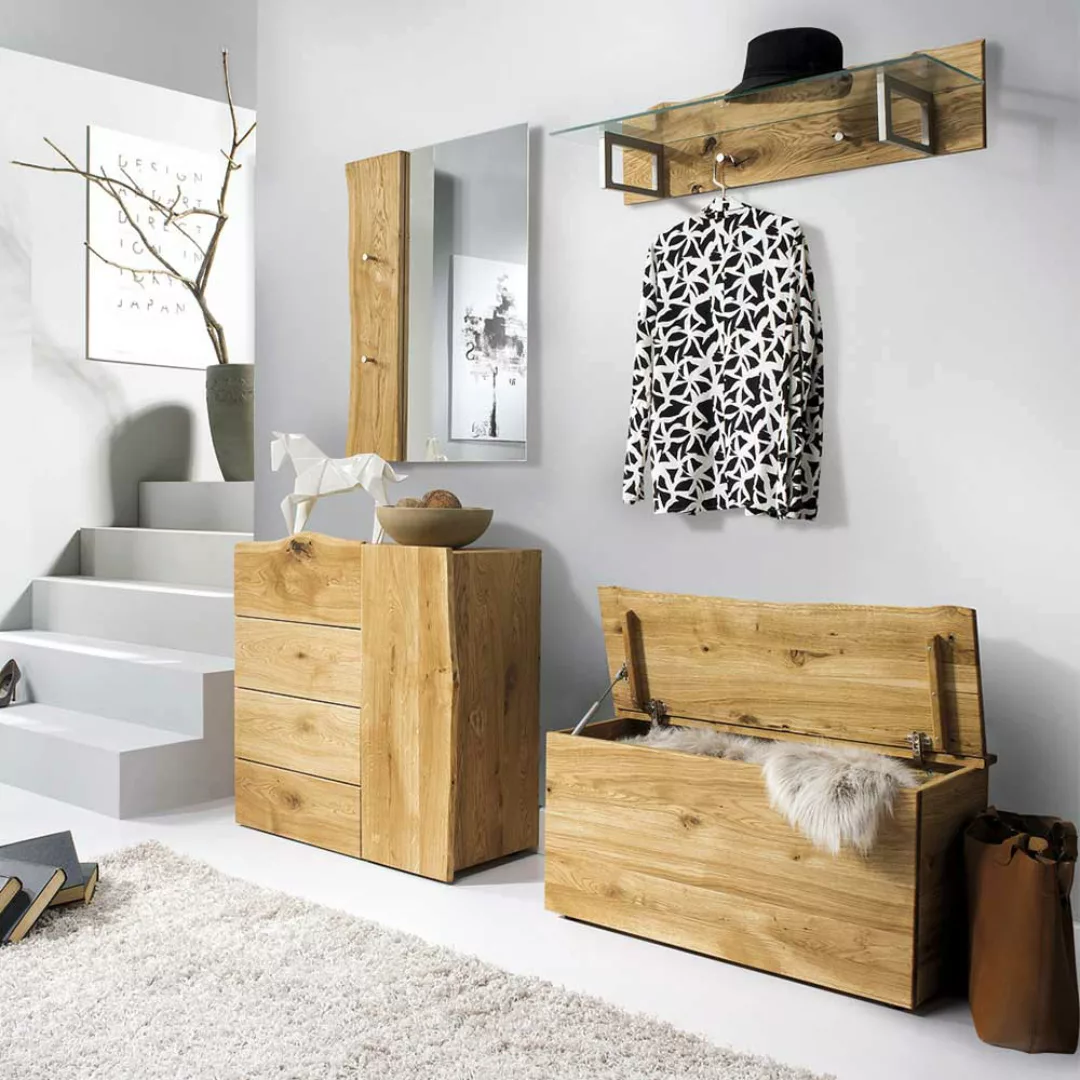 Baumkanten Garderoben Set aus Eiche Massivholz Landhausstil (vierteilig) günstig online kaufen