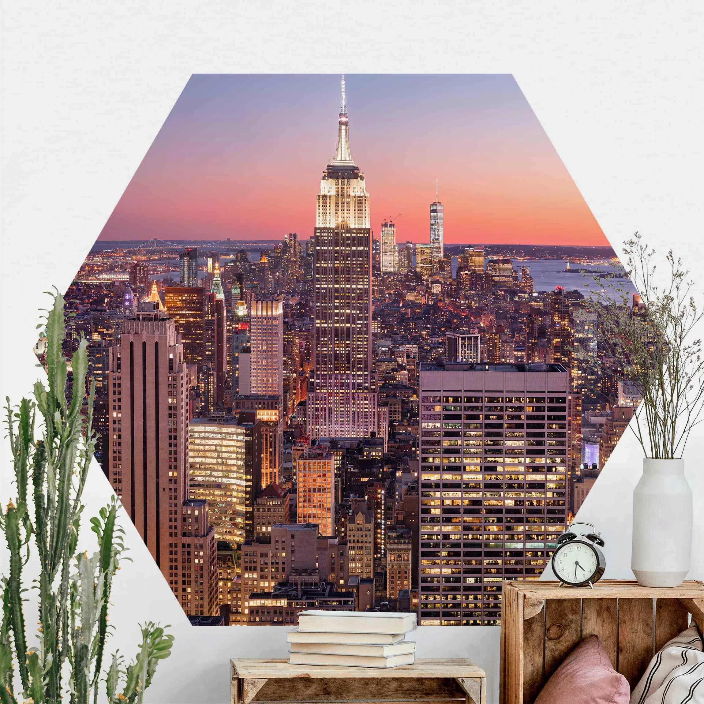 Hexagon Fototapete selbstklebend Sonnenuntergang Manhattan New York City günstig online kaufen