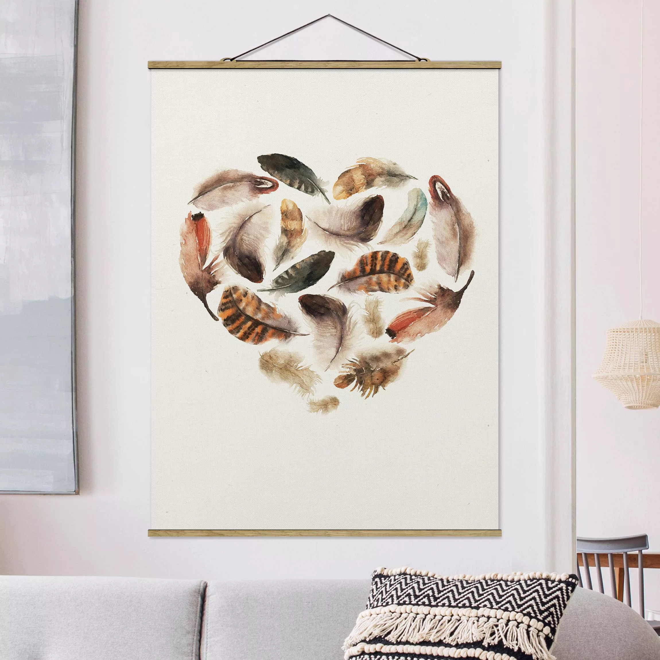 Stoffbild Aquarell mit Posterleisten - Hochformat Herz aus Federn günstig online kaufen