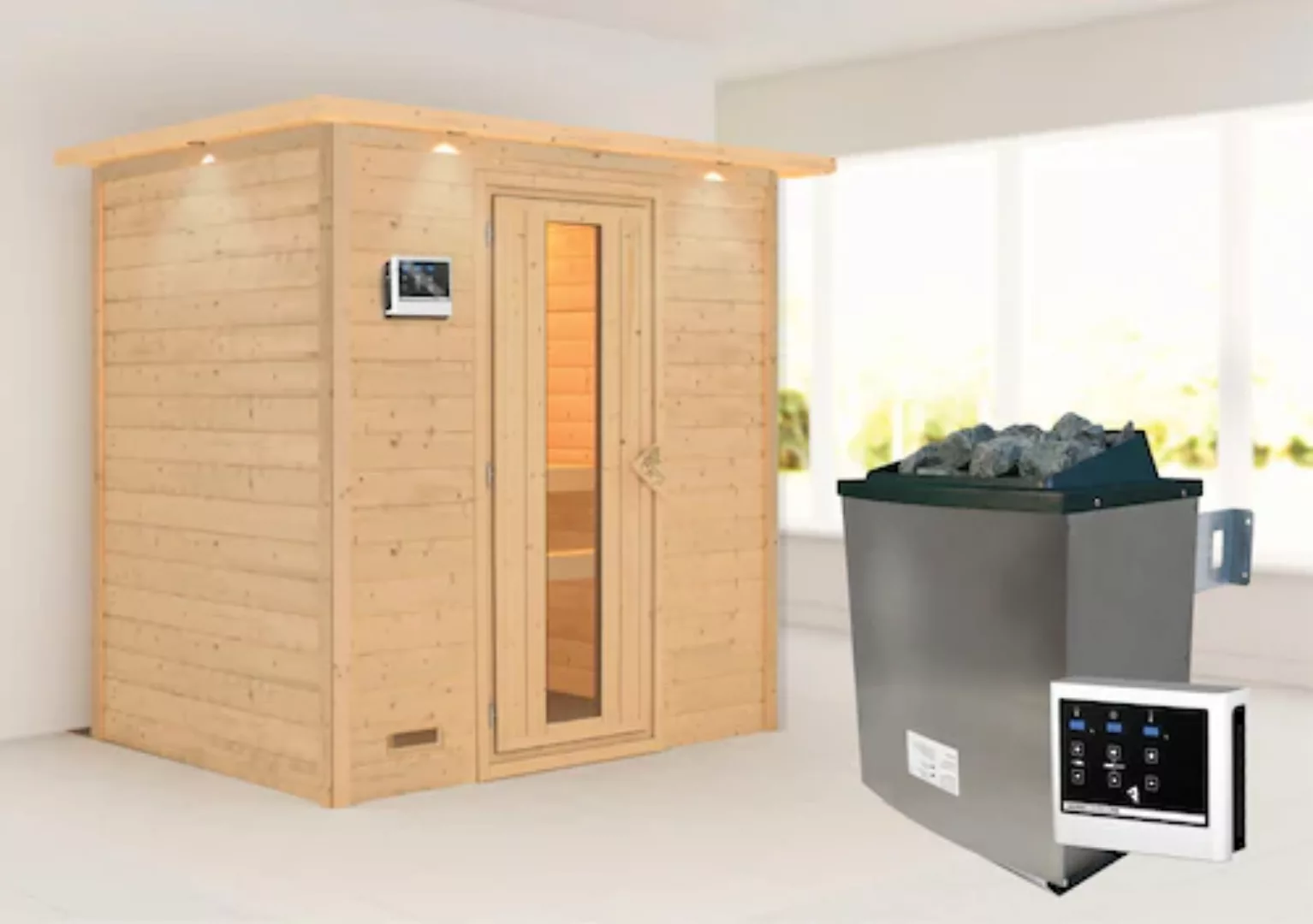 Karibu Sauna »"Sonja" mit Energiespartür und Kranz Ofen 9 KW externe Strg m günstig online kaufen