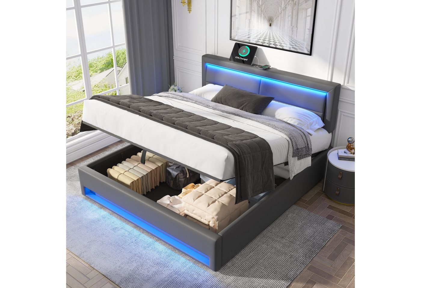 OKWISH Polsterbett mit LED-Beleuchtung und Stauraum (ohne Matratze), mit US günstig online kaufen