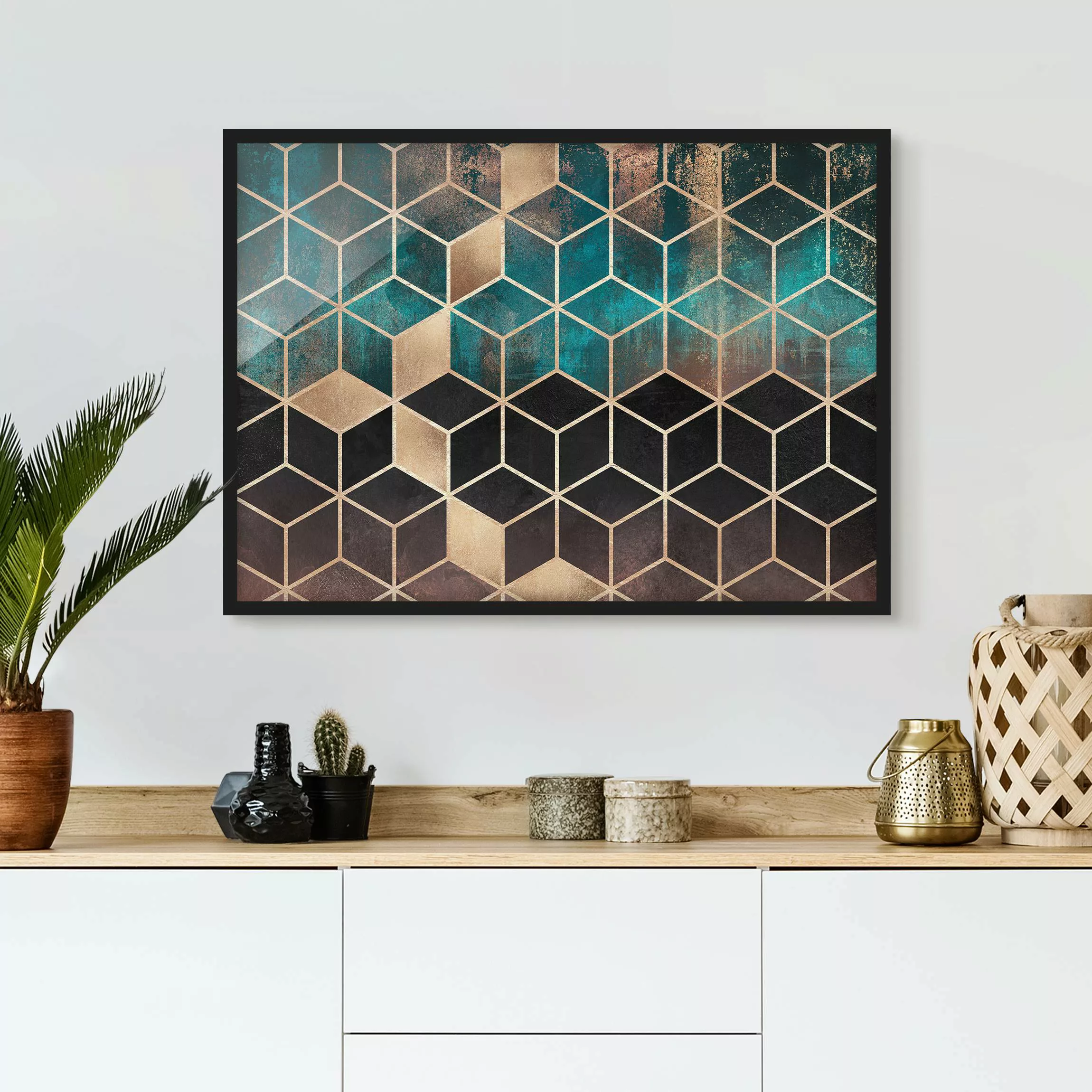 Bild mit Rahmen Abstrakt - Querformat Türkis Rosé goldene Geometrie günstig online kaufen