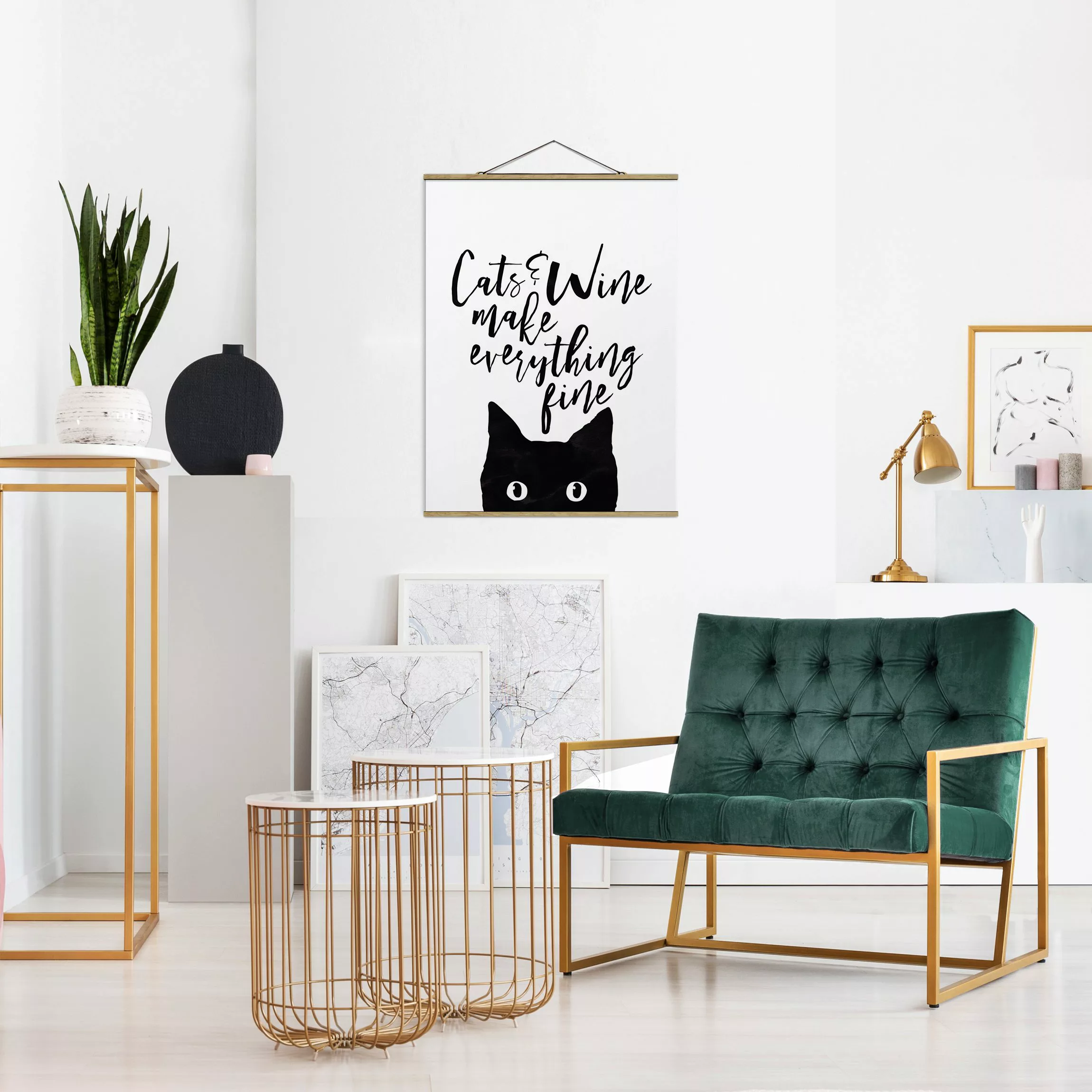Stoffbild Spruch mit Posterleisten - Hochformat Cats and Wine make everythi günstig online kaufen