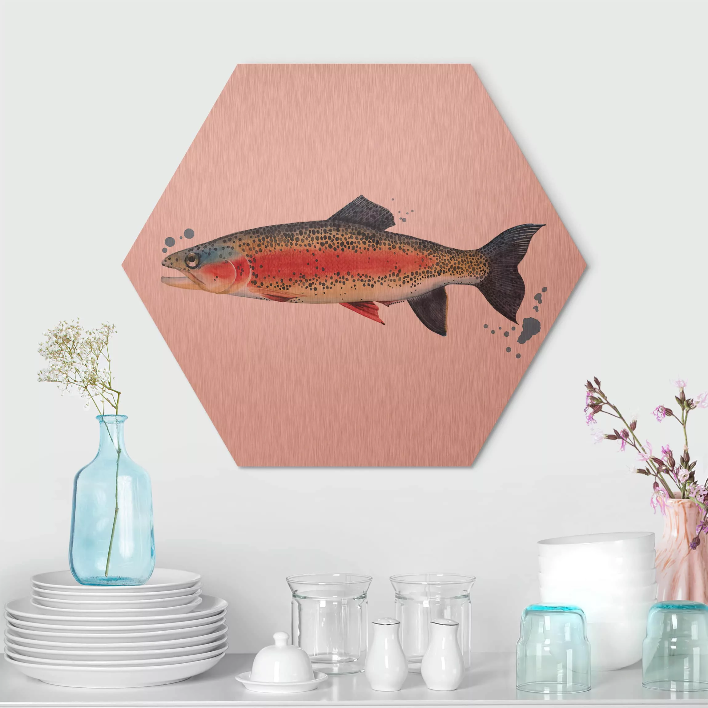 Hexagon-Alu-Dibond Bild Küche Farbfang - Forelle günstig online kaufen