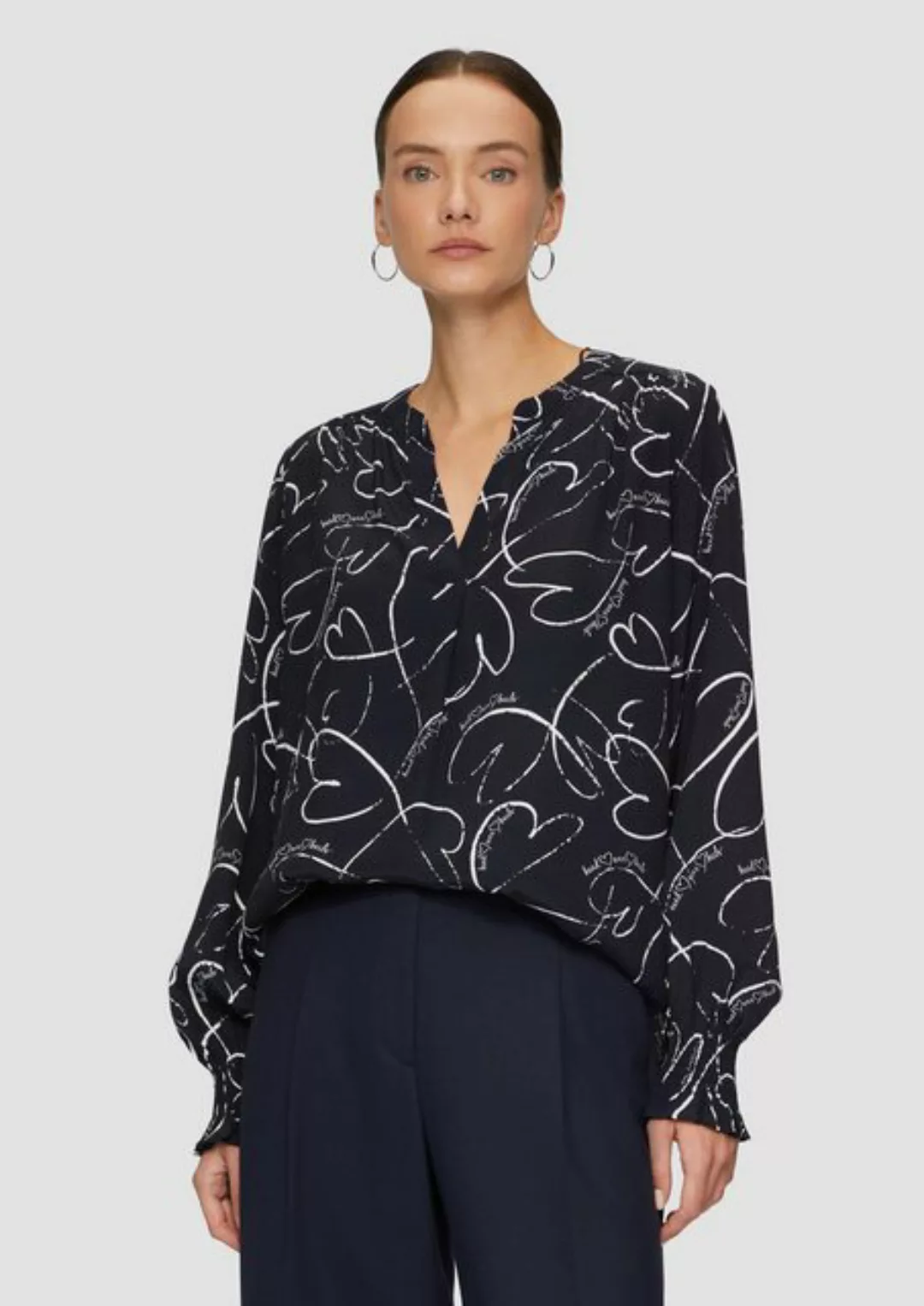 s.Oliver BLACK LABEL Langarmbluse Viskosebluse mit All-over-Print und Smok- günstig online kaufen