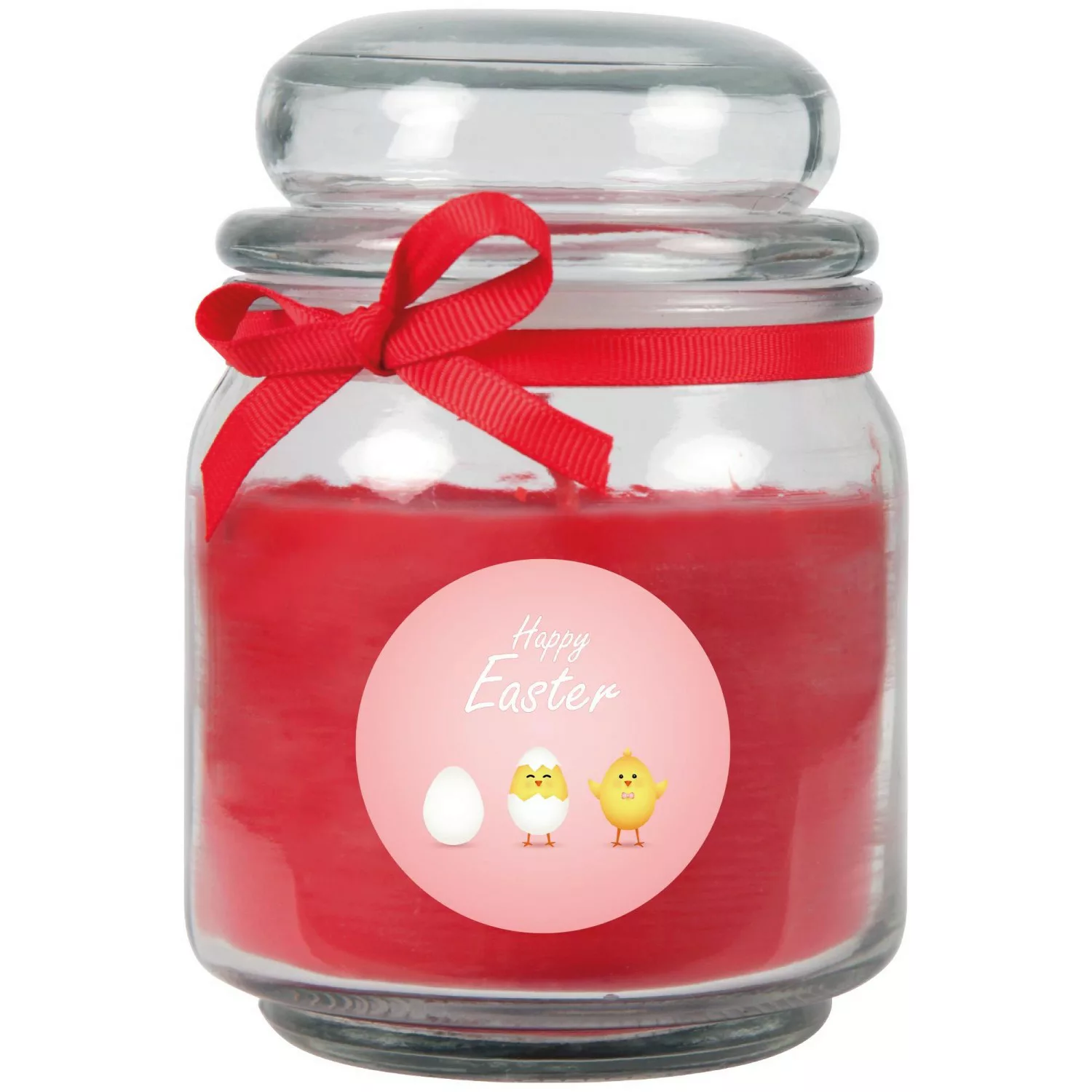 HS Candle Duftkerze & Glas Ostern Rot Bonbon 70h Küken günstig online kaufen