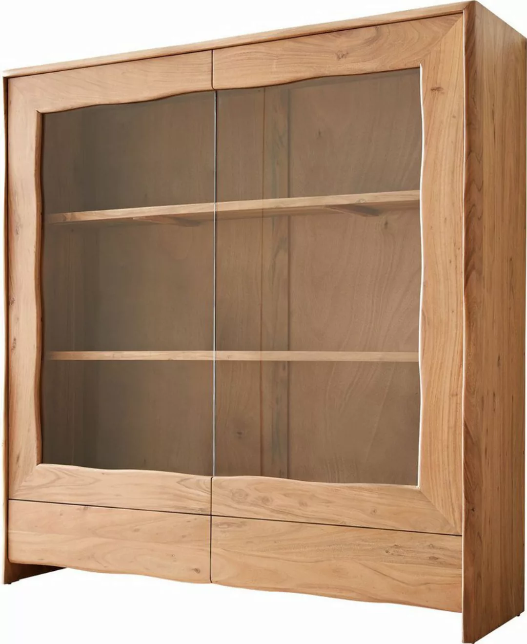 DELIFE Vitrine Live-Edge Akazie Natur 140x150 cm 2 Türen 2 Schubladen Massi günstig online kaufen