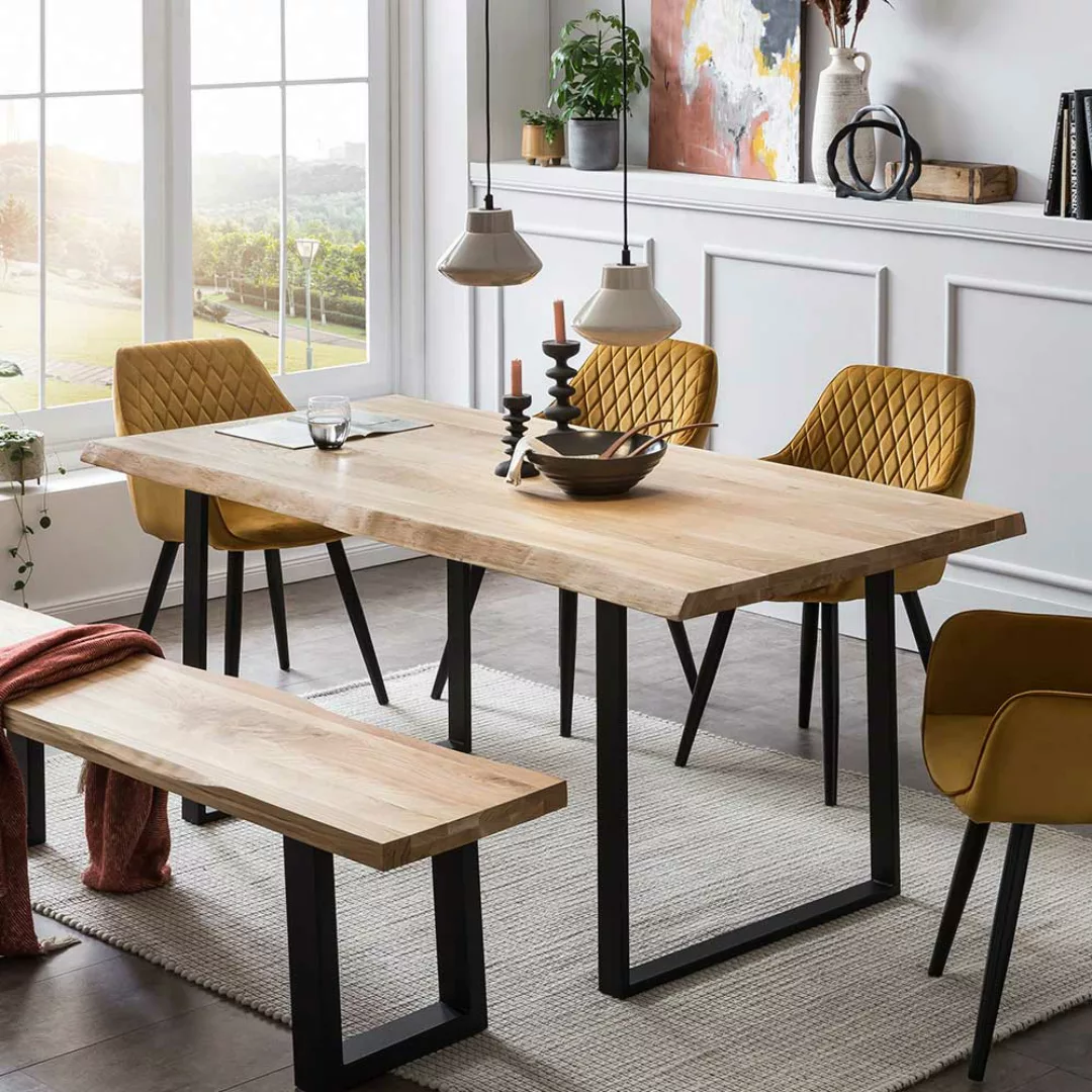 Massivholzesstisch aus Eiche und Metall Bügelgestell günstig online kaufen