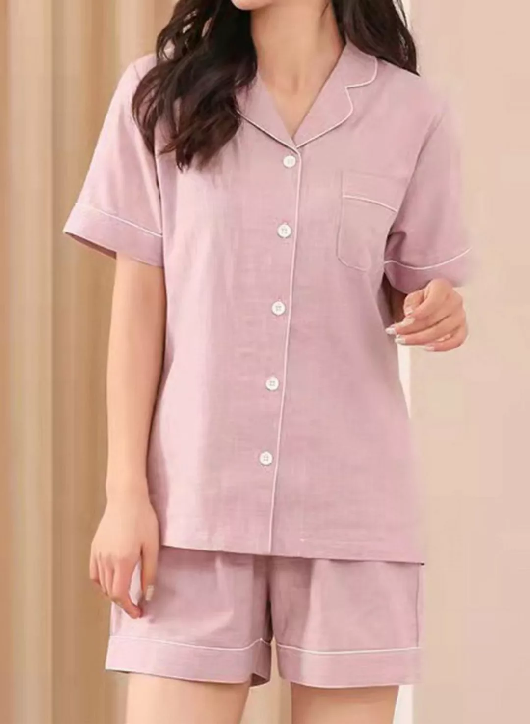 ZWY Spitzenkleid Frühling und Herbst einfarbiges Revers-Kurzarm-Pyjama-Set günstig online kaufen