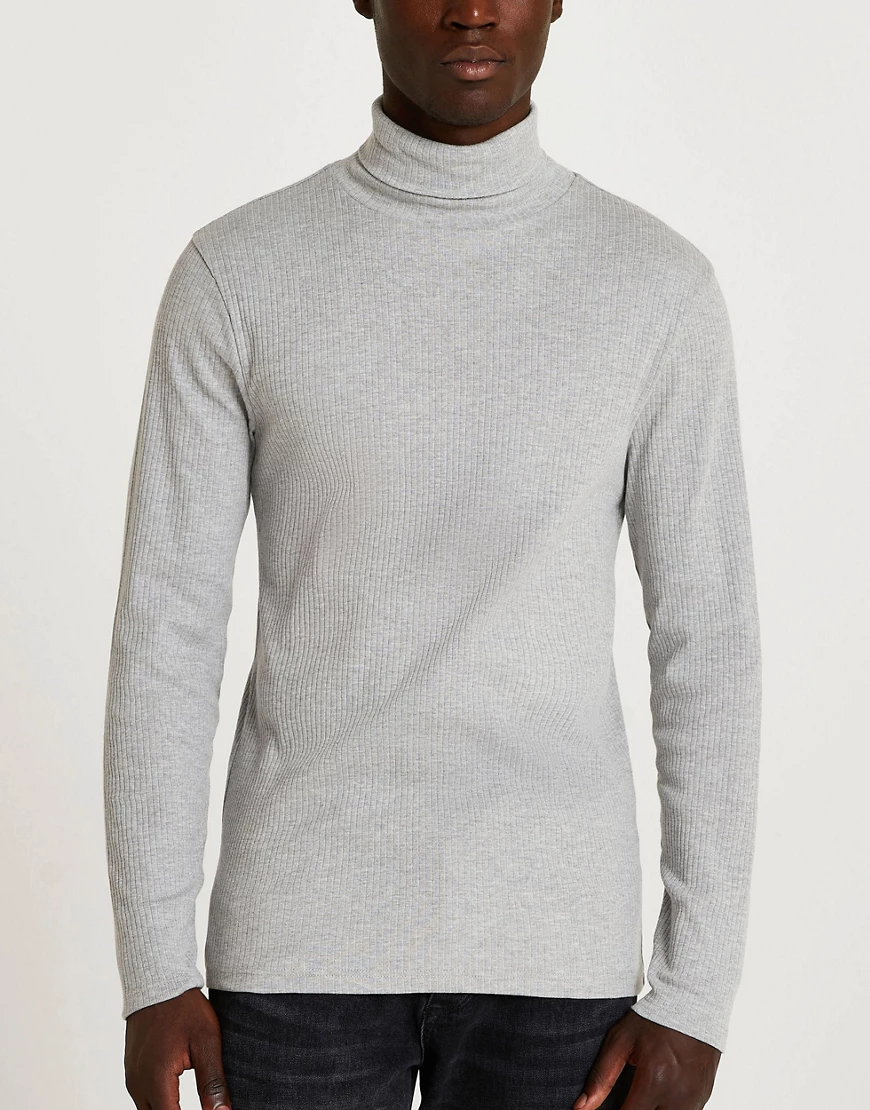 River Island – Langärmliger, gerippter, schmaler Rollkragenpullover in Grau günstig online kaufen