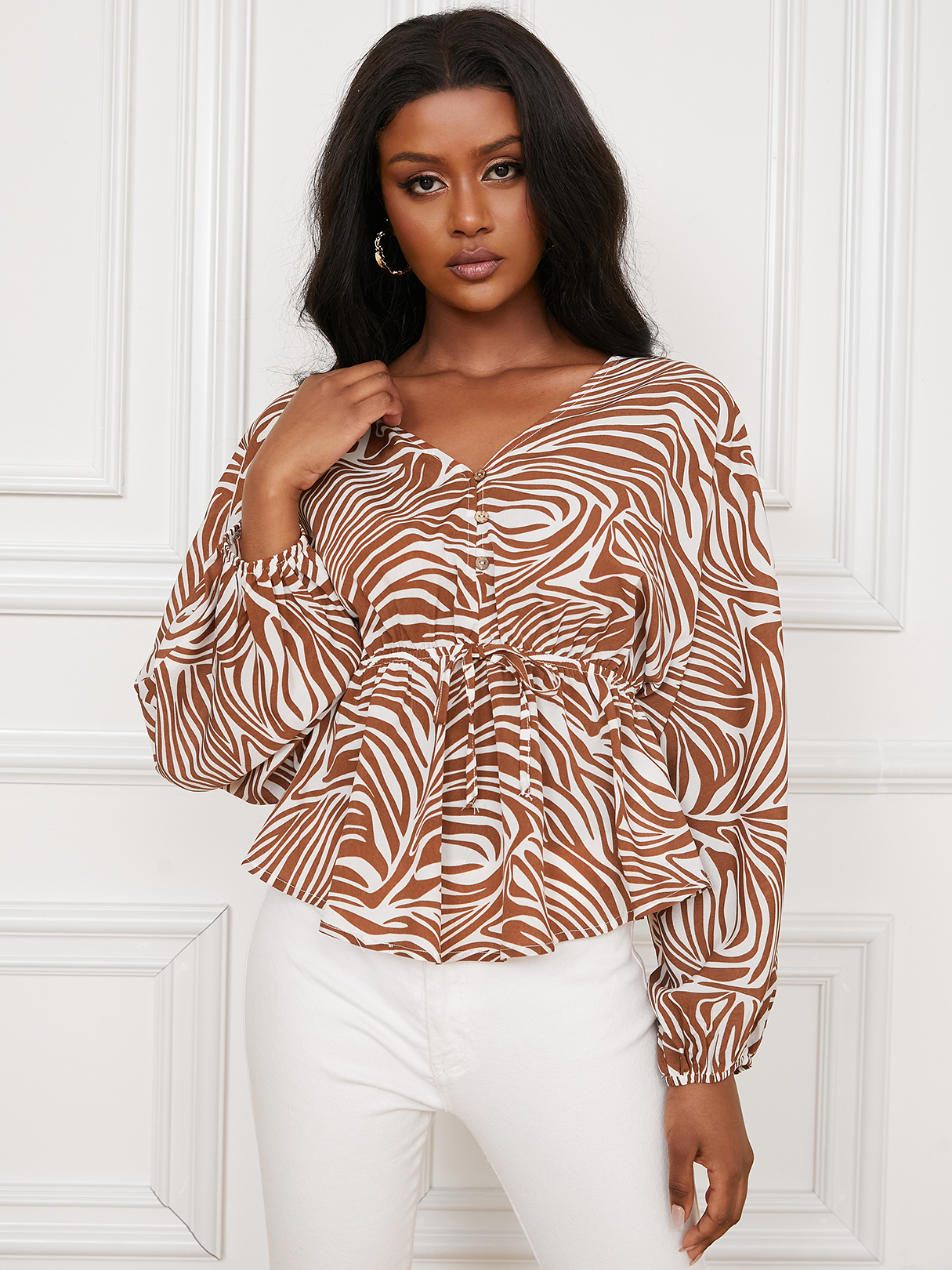 YOINS Khaiki Zebra Bluse mit V-Ausschnitt und Knopfleiste vorne günstig online kaufen