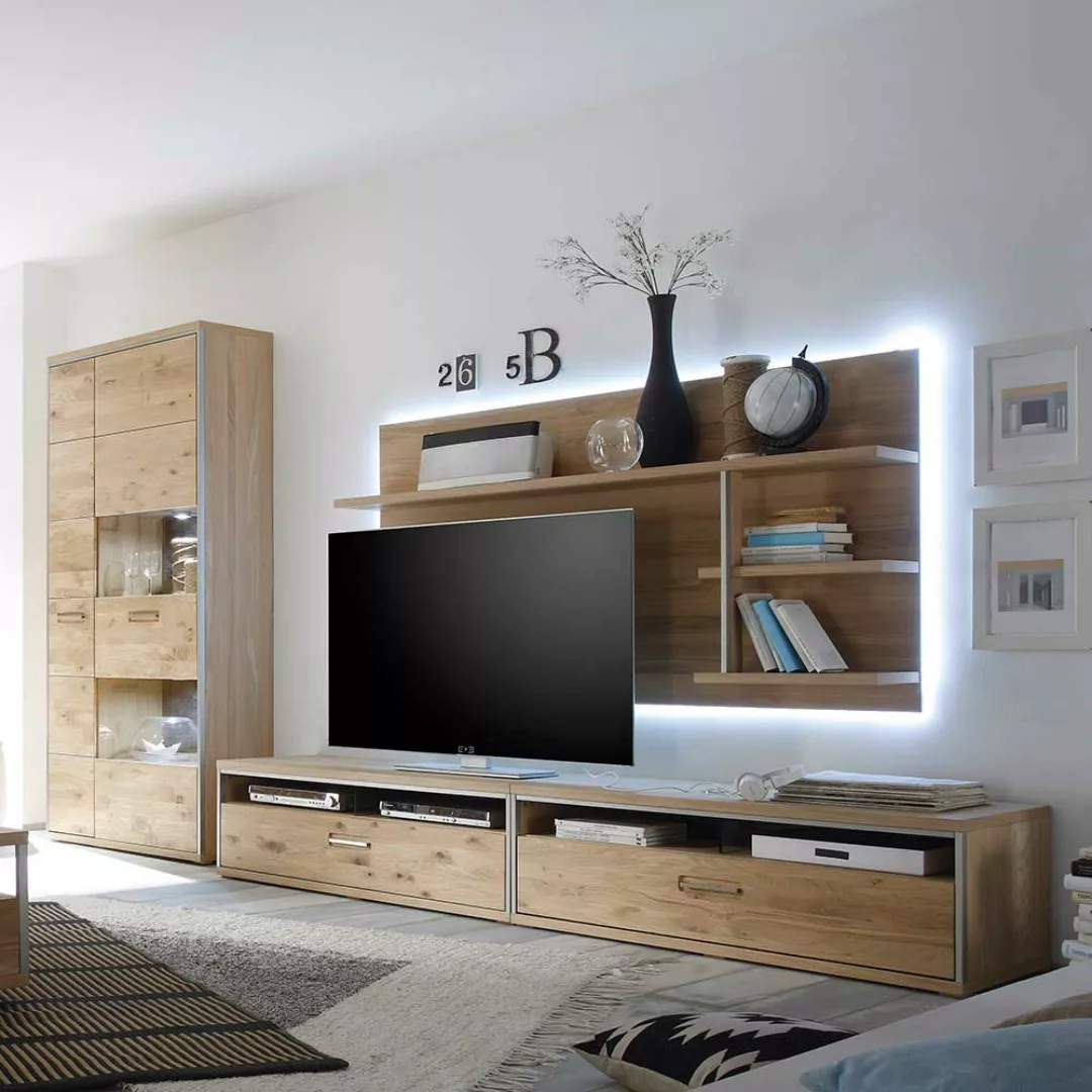 TV Schrankwand in Asteiche Bianco furniert Landhaus Design (vierteilig) günstig online kaufen