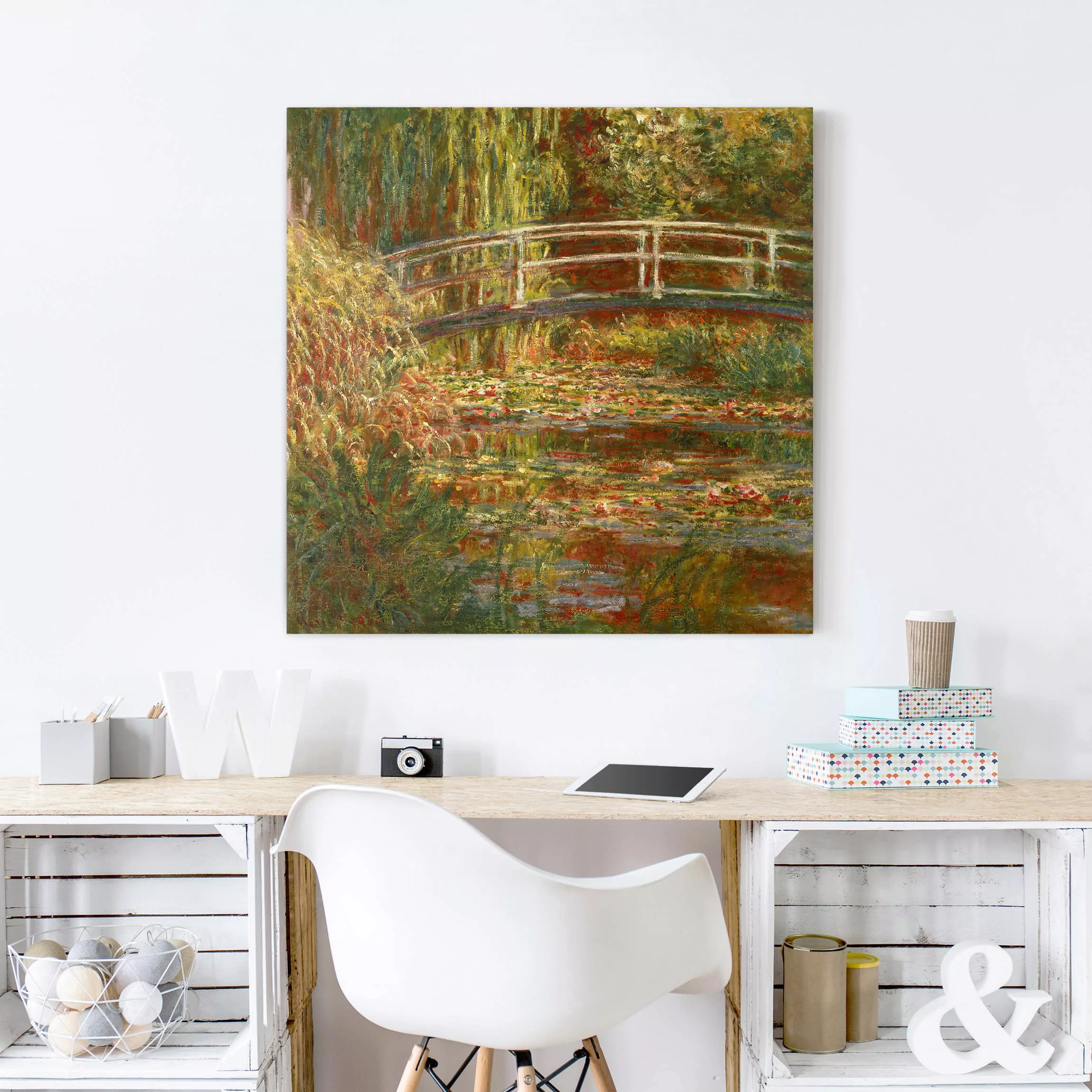Leinwandbild - Quadrat Claude Monet - Seerosenteich und japanische Brücke ( günstig online kaufen