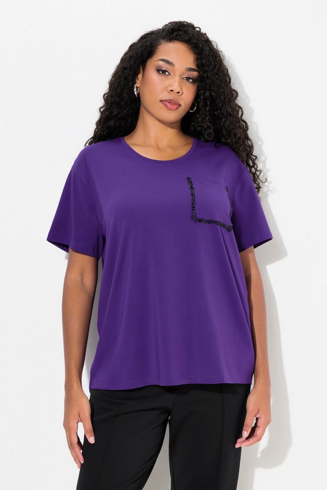 Ulla Popken Rundhalsshirt T-Shirt Brusttasche Perlen Oversized Rundhals günstig online kaufen