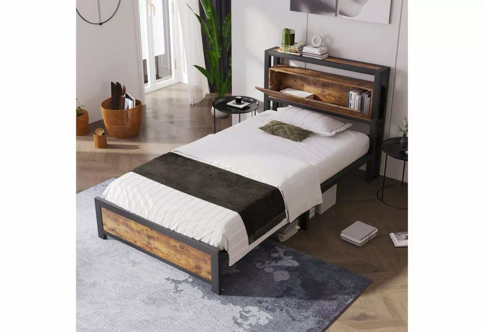 Fangqi Einzelbett Bettrahmen Holz Metallbett 90x200 Bettgestell aus Metall günstig online kaufen