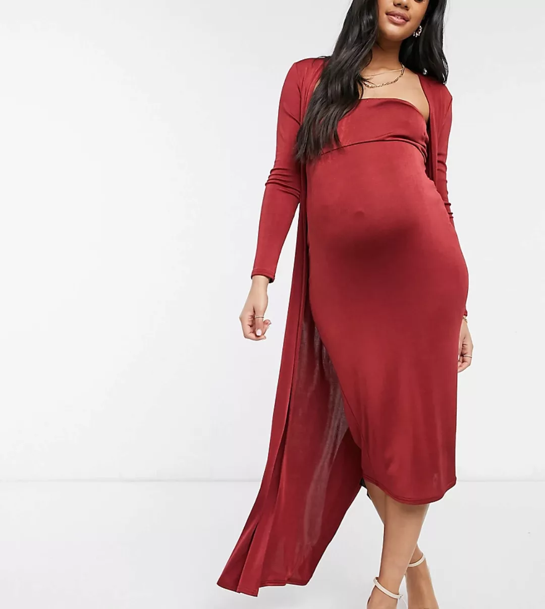 ASOS DESIGN Maternity – 2 in 1 Trägerloses Midikleid mit Mantel in Dunkelro günstig online kaufen