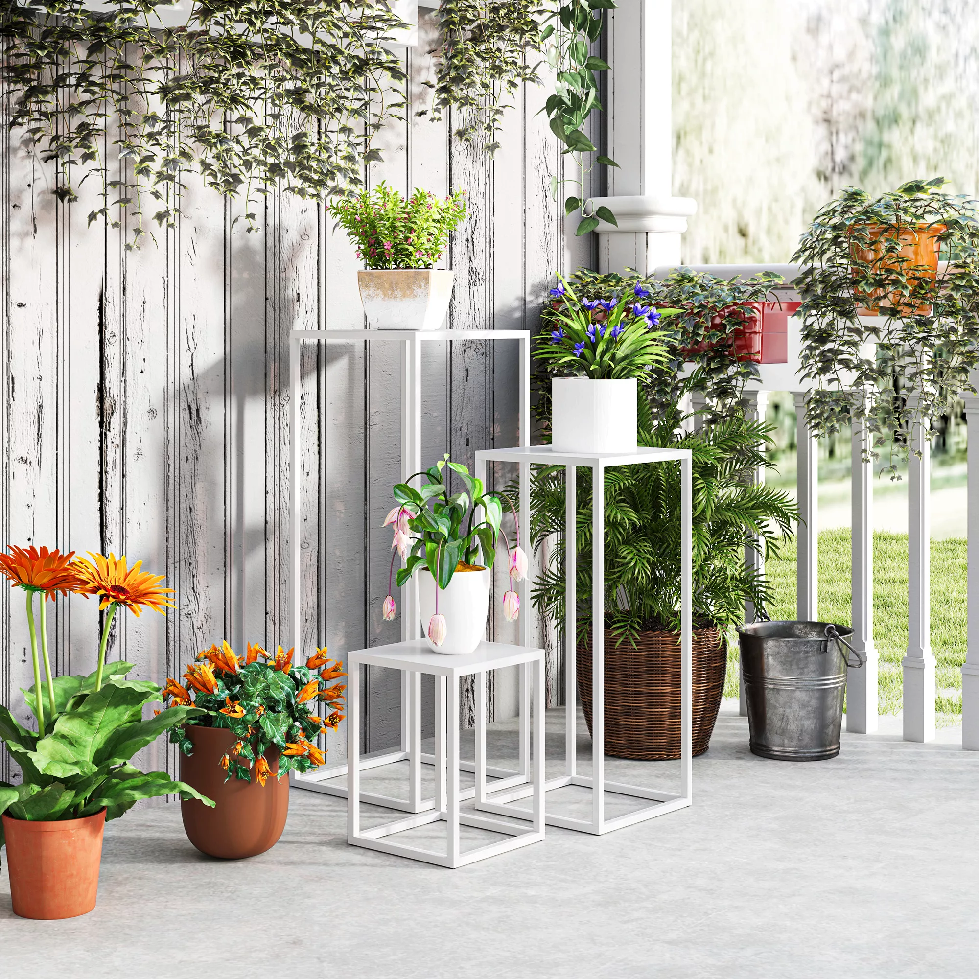 Outsunny Set mit 3 stapelbaren Pflanzenständern quadratisch aus Metall, Inn günstig online kaufen