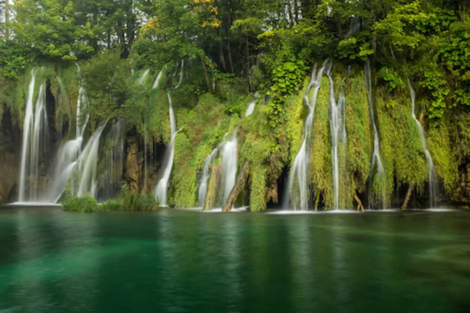 Papermoon Fototapete »WASSERFALL-BÄUME FLUSS SEE STEINE BLUME WALD BACH SON günstig online kaufen