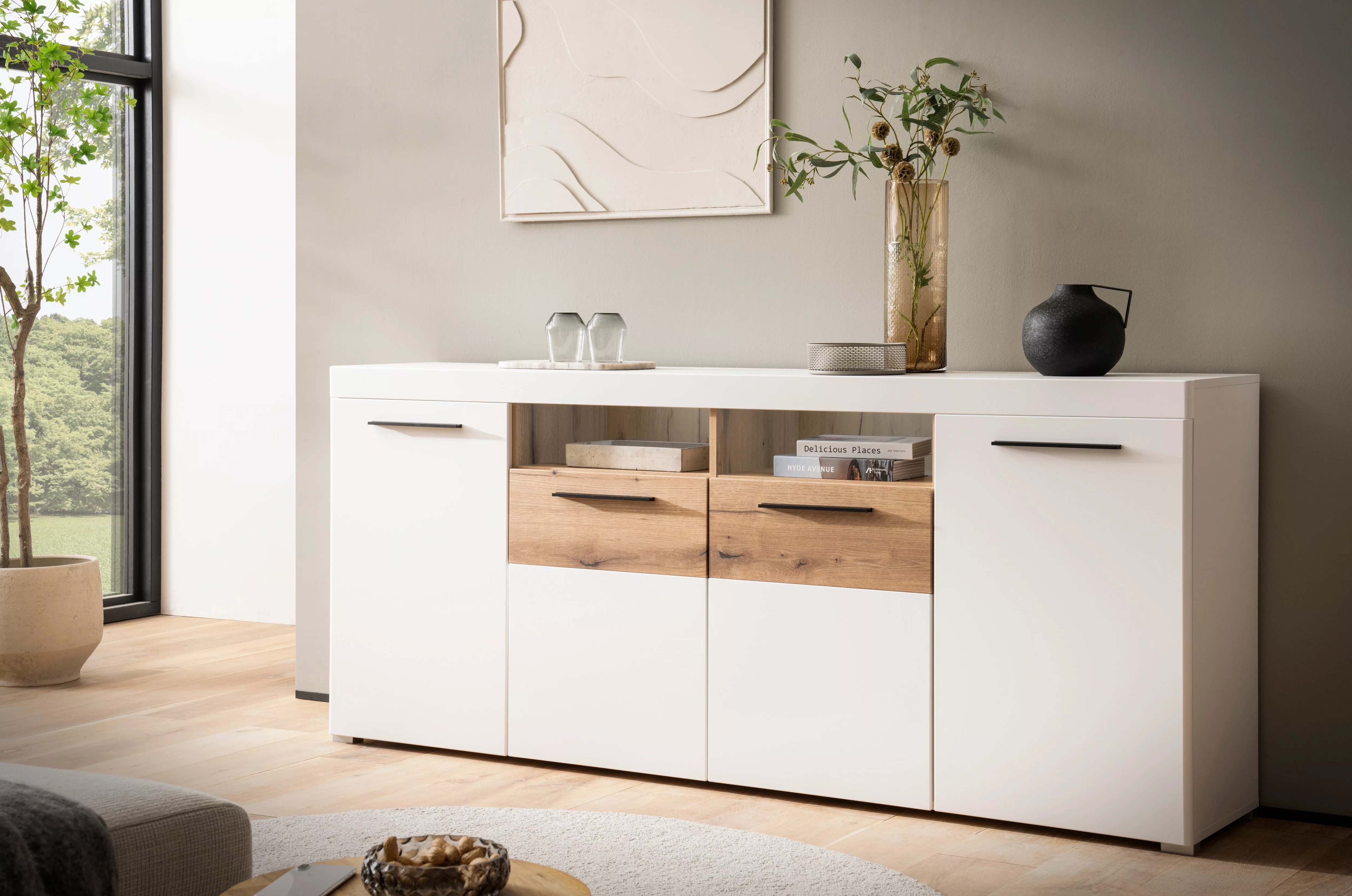 INOSIGN Sideboard "Salerno, moderner Schrank, Highboard in Weiß mit Eiche E günstig online kaufen