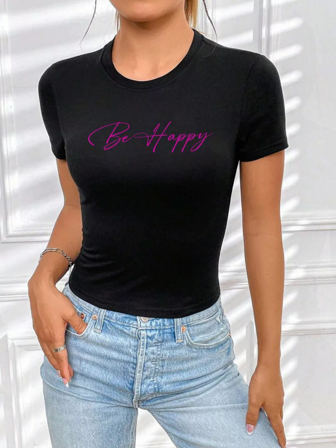 RMK T-Shirt Damen Shirt Top Sommer Basic Be Happy Glücklich aus Baumwolle günstig online kaufen