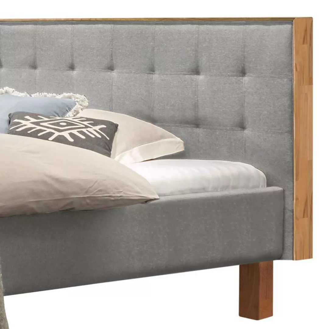 Doppel Bett gepolstert in Grau und Kernbuche Vierfußgestell aus Holz günstig online kaufen