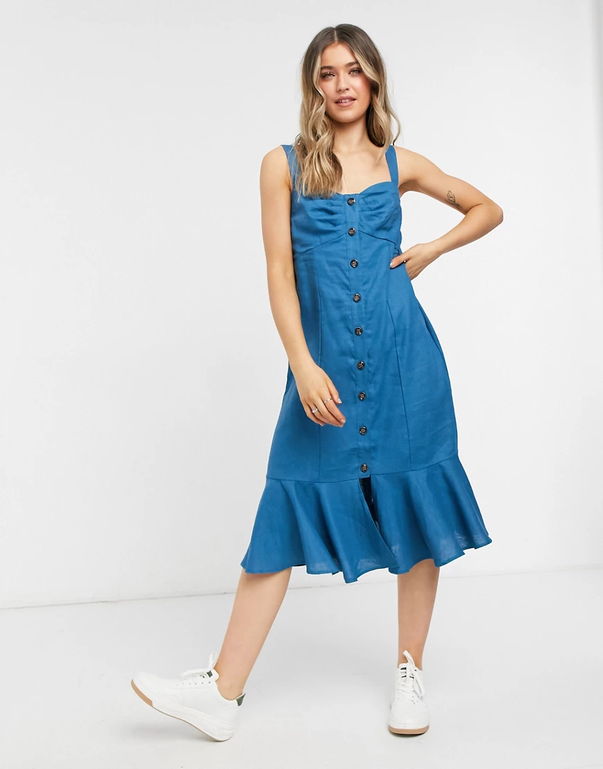 Lottie And Holly – Geknöpftes Midikleid mit Volantsaum in Blau günstig online kaufen