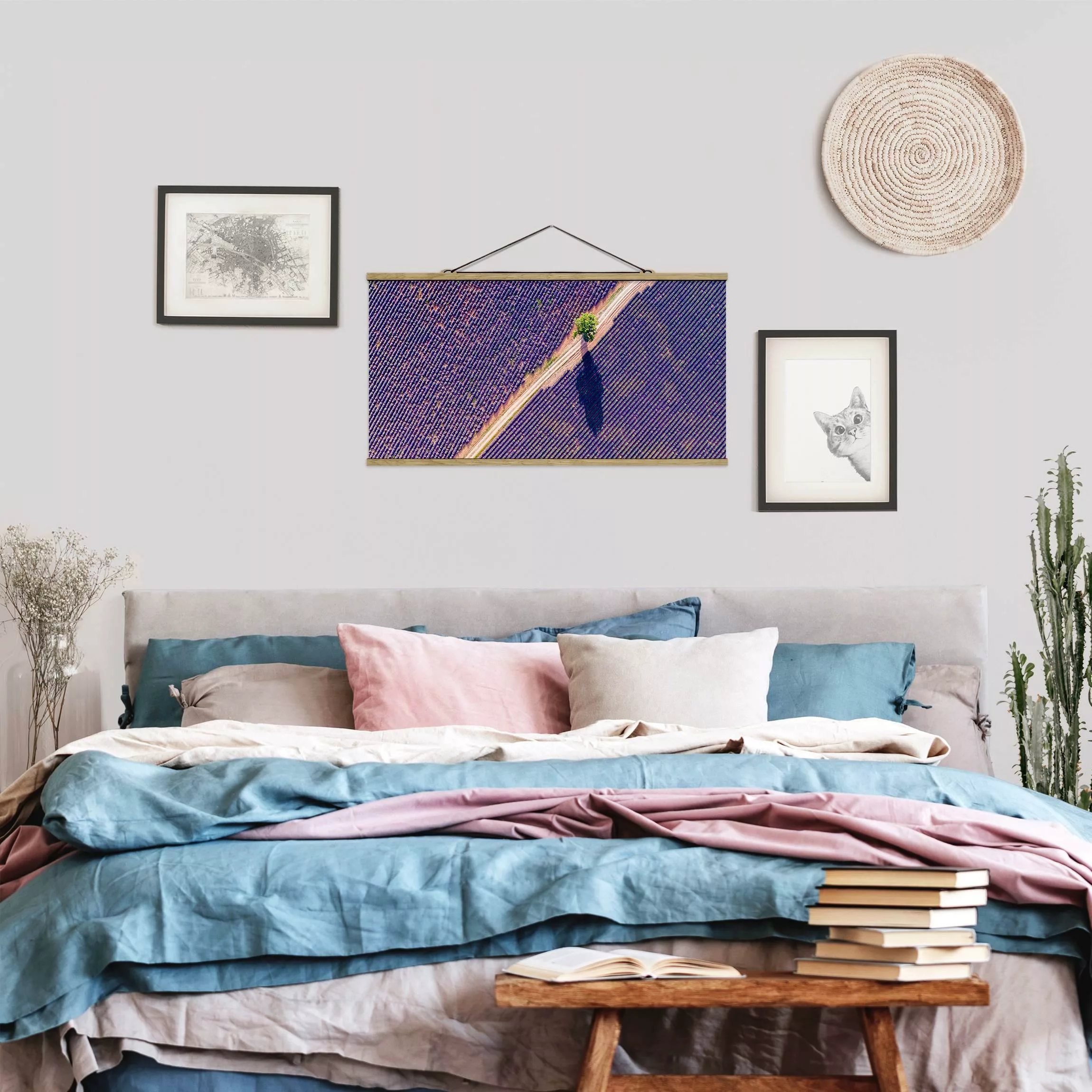 Stoffbild mit Posterleisten Lavendelfeld Draufsicht günstig online kaufen