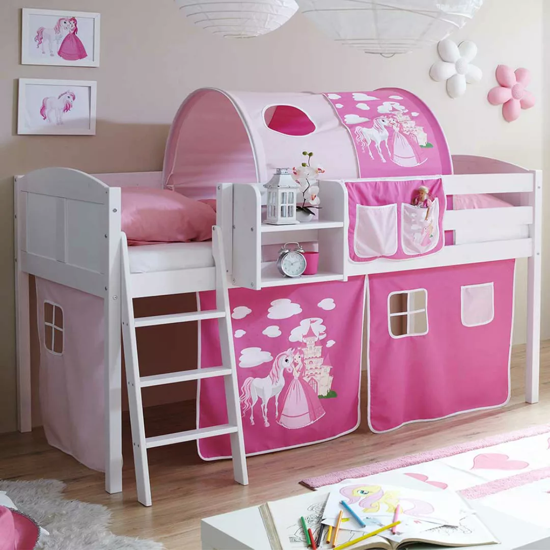 Kinderhochbett aus Kiefer Massivholz und Webstoff Weiß und Pink günstig online kaufen