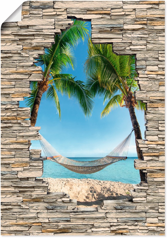 Artland Wandbild "Palmenstrand Karibik Hängematte Stein", Karibikbilder, (1 günstig online kaufen