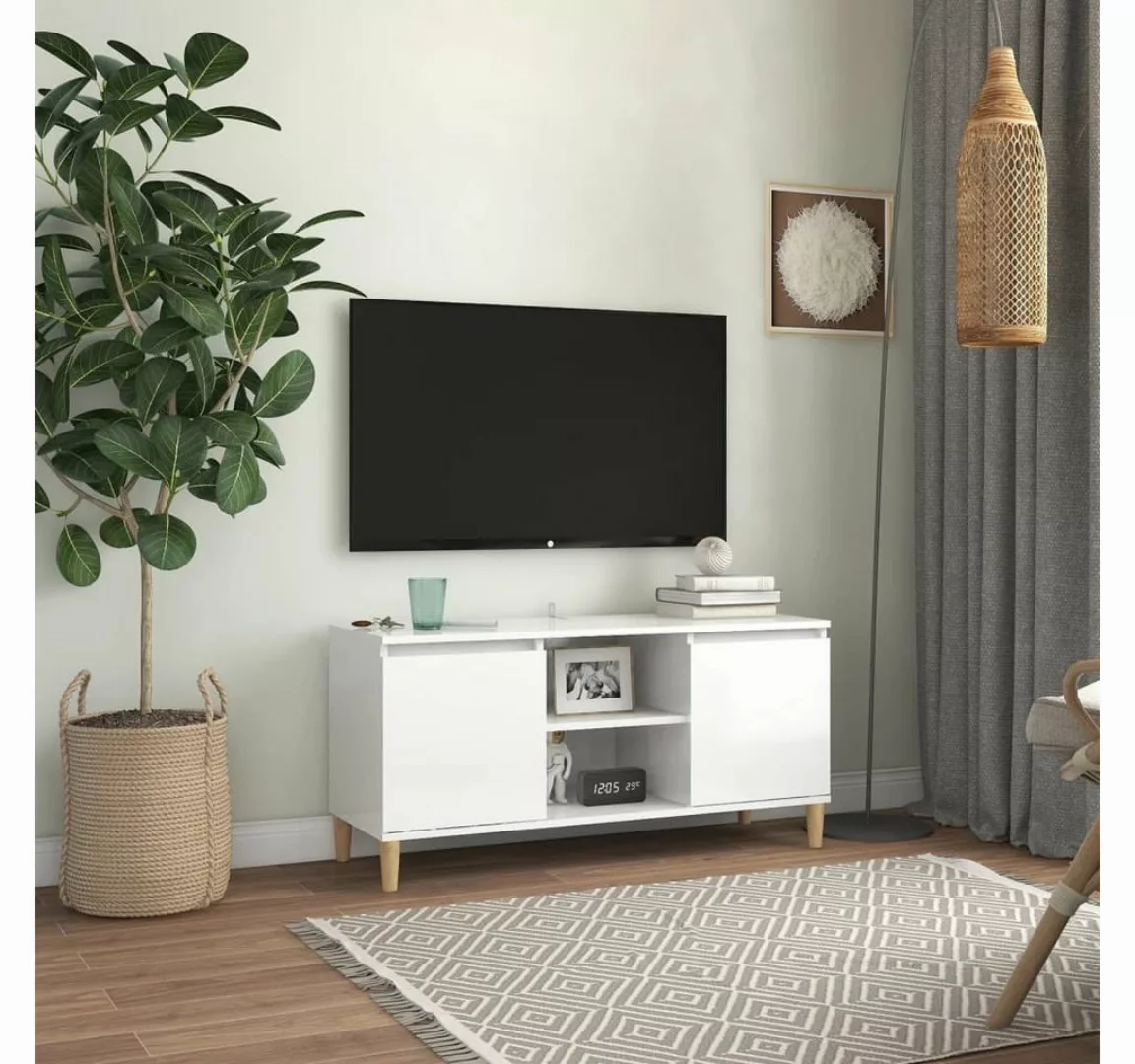 furnicato TV-Schrank mit Massivholz-Beinen Hochglanz-Weiß 103,5x35x50 cm günstig online kaufen