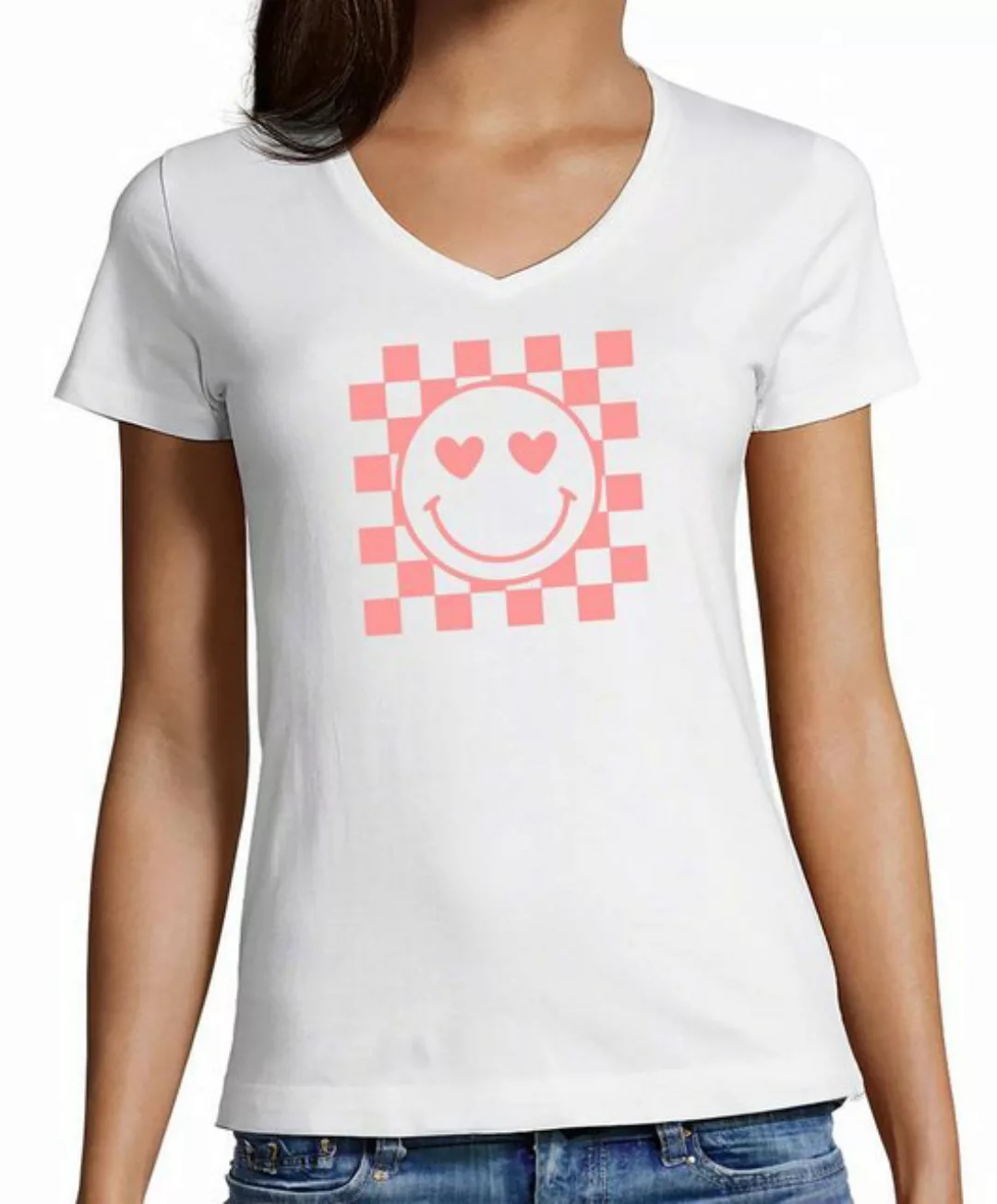 MyDesign24 T-Shirt Damen Smiley Print Shirt - Smiley mit Herzaugen und Scha günstig online kaufen