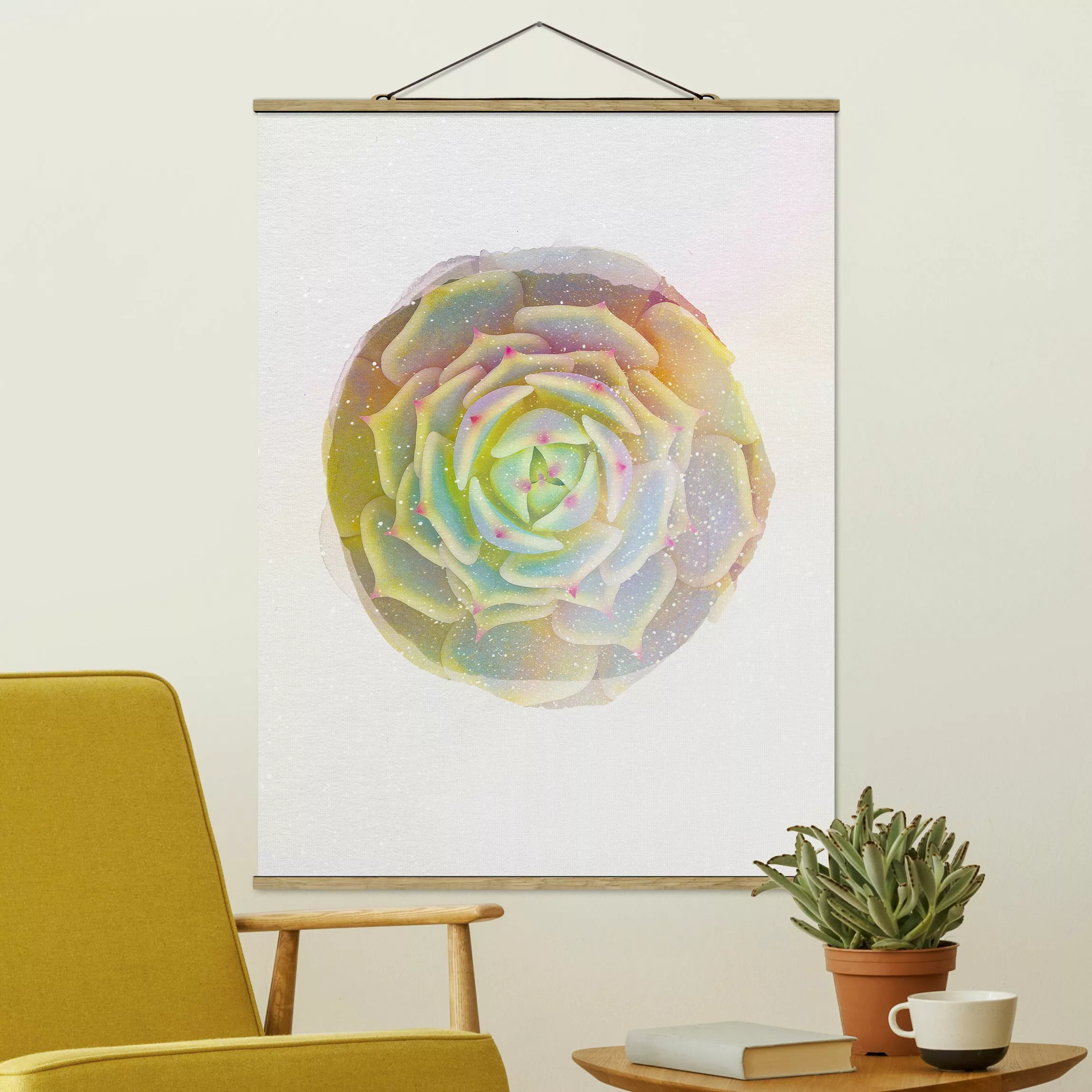 Stoffbild Blumen mit Posterleisten - Hochformat Wasserfarben - Sukkulente - günstig online kaufen