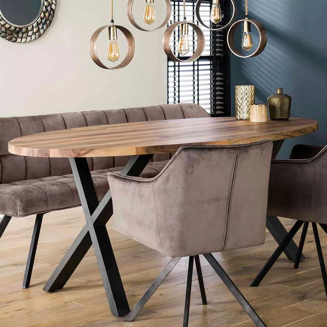 Ovaler Esszimmertisch aus Nussbaum Massivholz und Stahl X Fußgestell günstig online kaufen