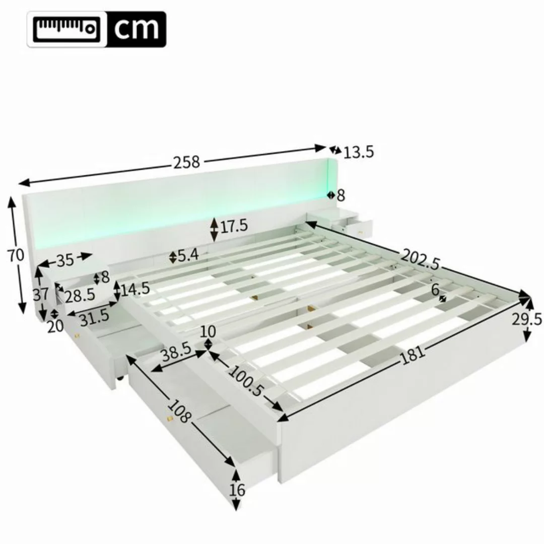 Flieks Holzbett, LED Doppelbett 180x200cm mit Aufladen 2 Nachttische und 2 günstig online kaufen