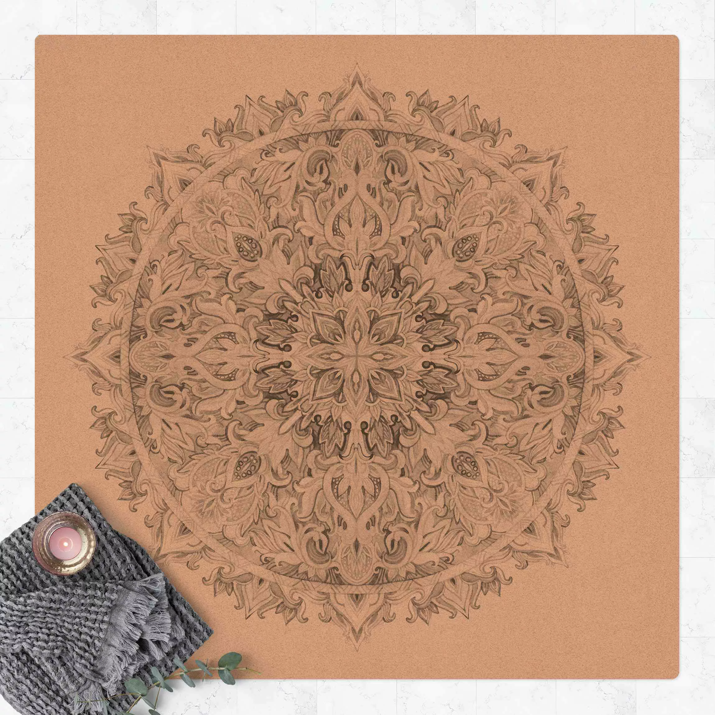 Kork-Teppich Mandala Aquarell Ornament schwarz weiß günstig online kaufen