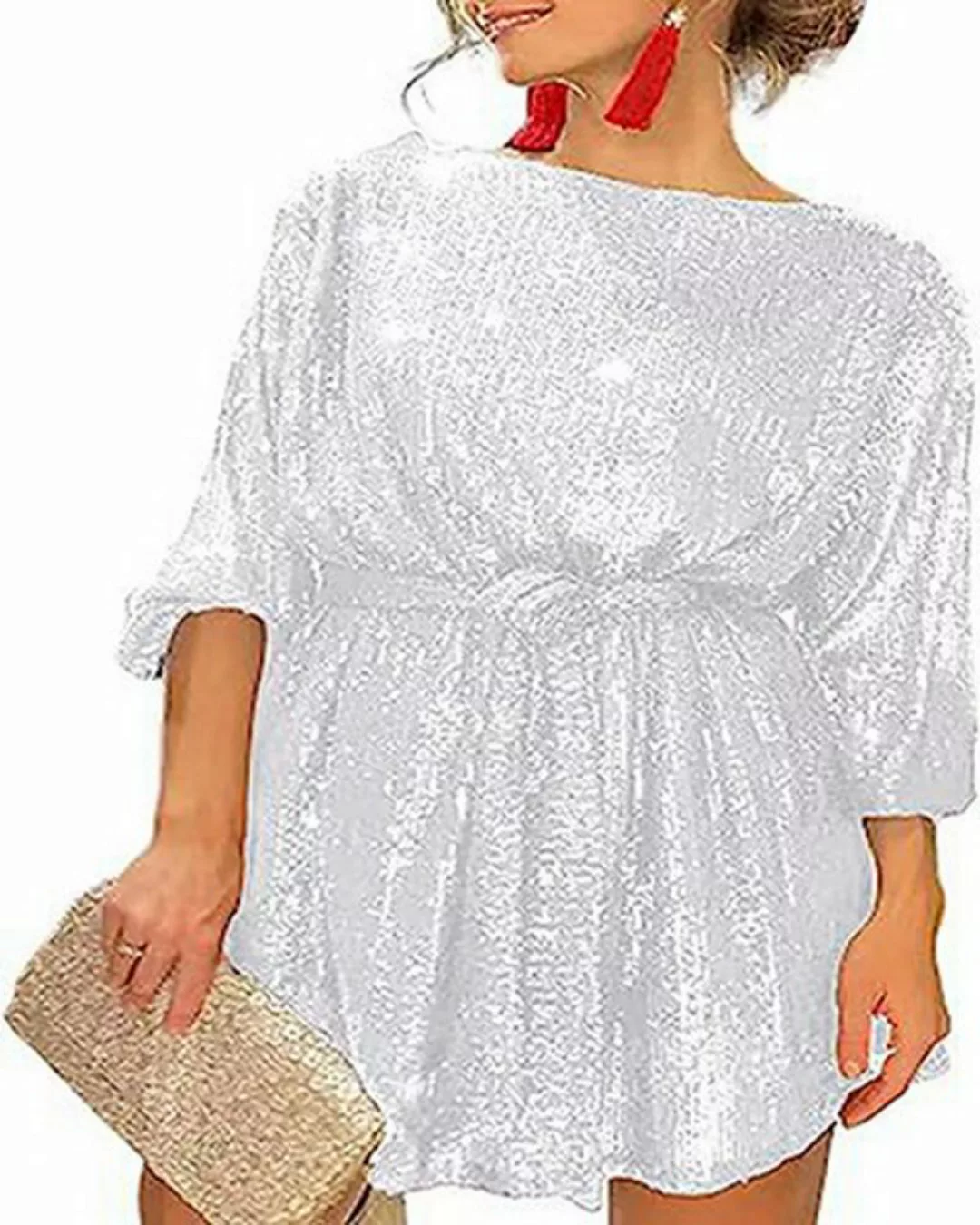 RUZU UG Abendkleid Damen Kleid Rundhalsausschnitt Ärmeln Paillettenkleid Pa günstig online kaufen