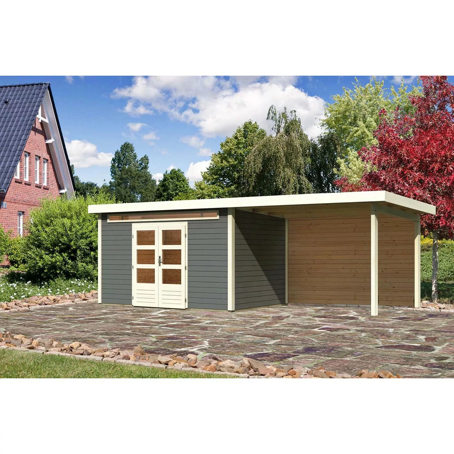 Karibu Holz-Gartenhaus/Gerätehaus Kumla 7 Terragrau Pultdach Lackiert 360 c günstig online kaufen