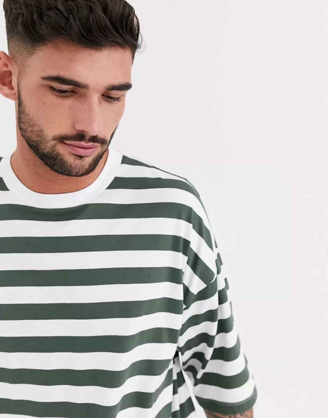 ASOS DESIGN – Gestreiftes Oversize-T-Shirt aus Bio-Baumwolle in Grün günstig online kaufen