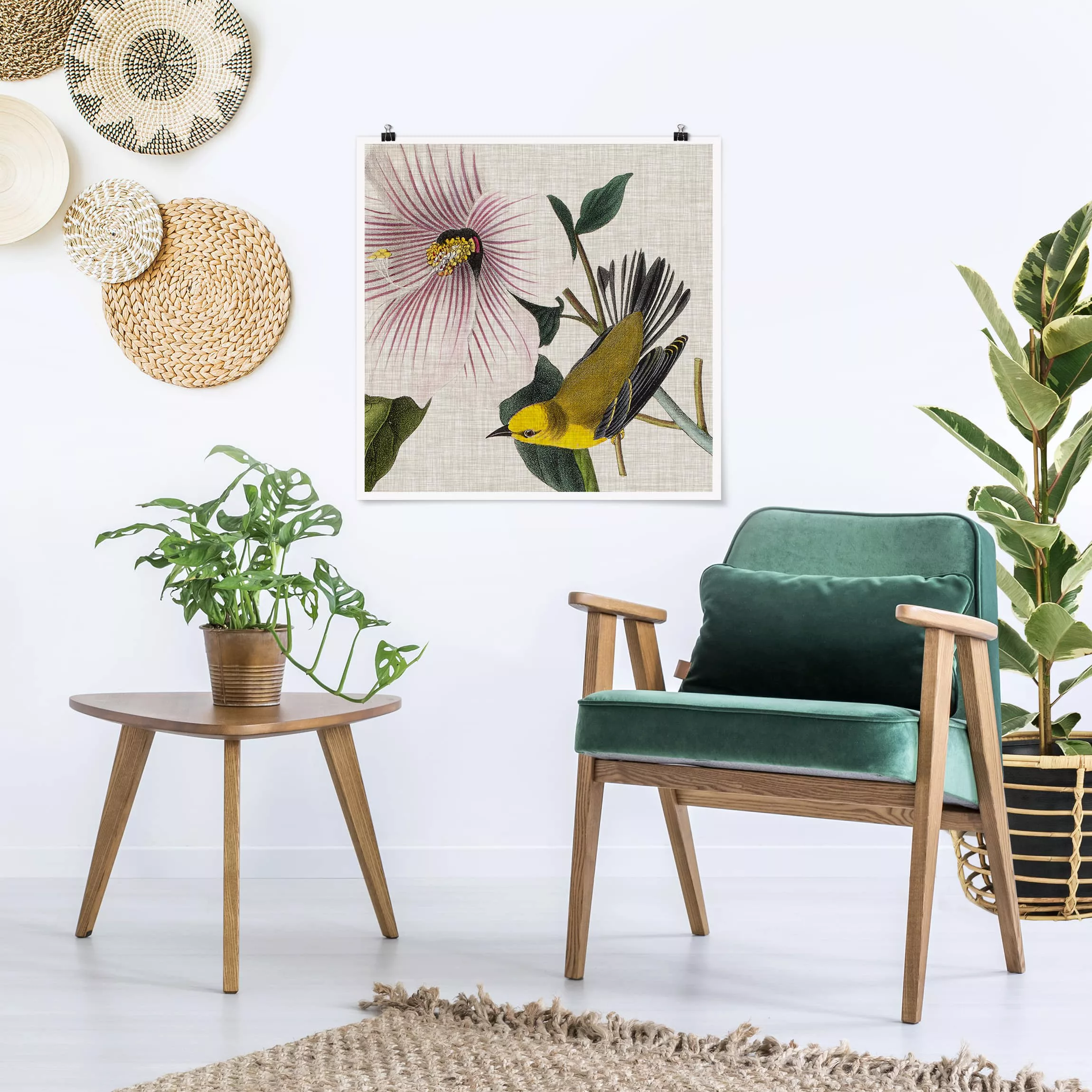 Poster Blumen - Quadrat Vogel auf Leinen Gelb I günstig online kaufen