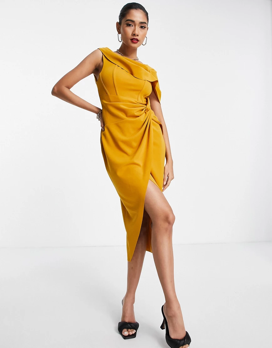 ASOS DESIGN – Midi-Bleistiftkleid mit gerafftem und gewickeltem Detail und günstig online kaufen