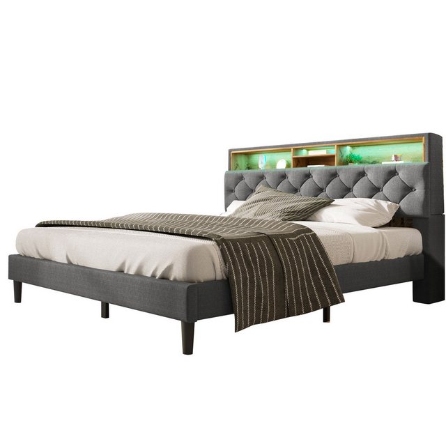 Gotagee Polsterbett Bettgestell 140x200 Bett Flachbett Doppelbett LED mit S günstig online kaufen