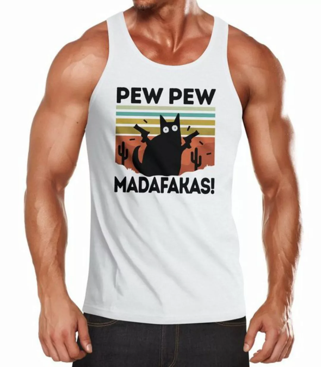 MoonWorks Tanktop Herren Tanktop Pew Pew Madafakas! schwarze Katze Spruch M günstig online kaufen