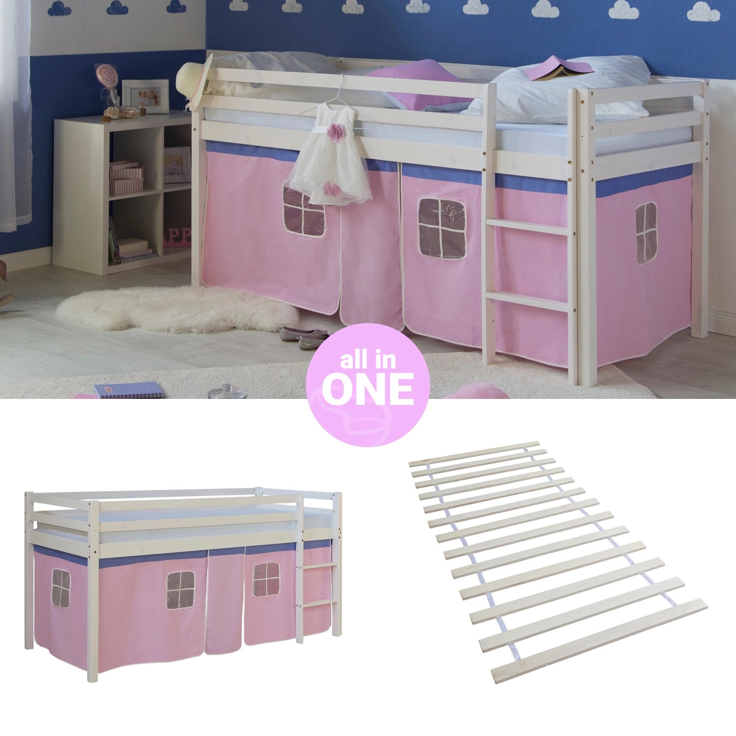 Homestyle4u Hochbett 90x200 mit Vorhang und Lattenrost in Weiß 2550 günstig online kaufen