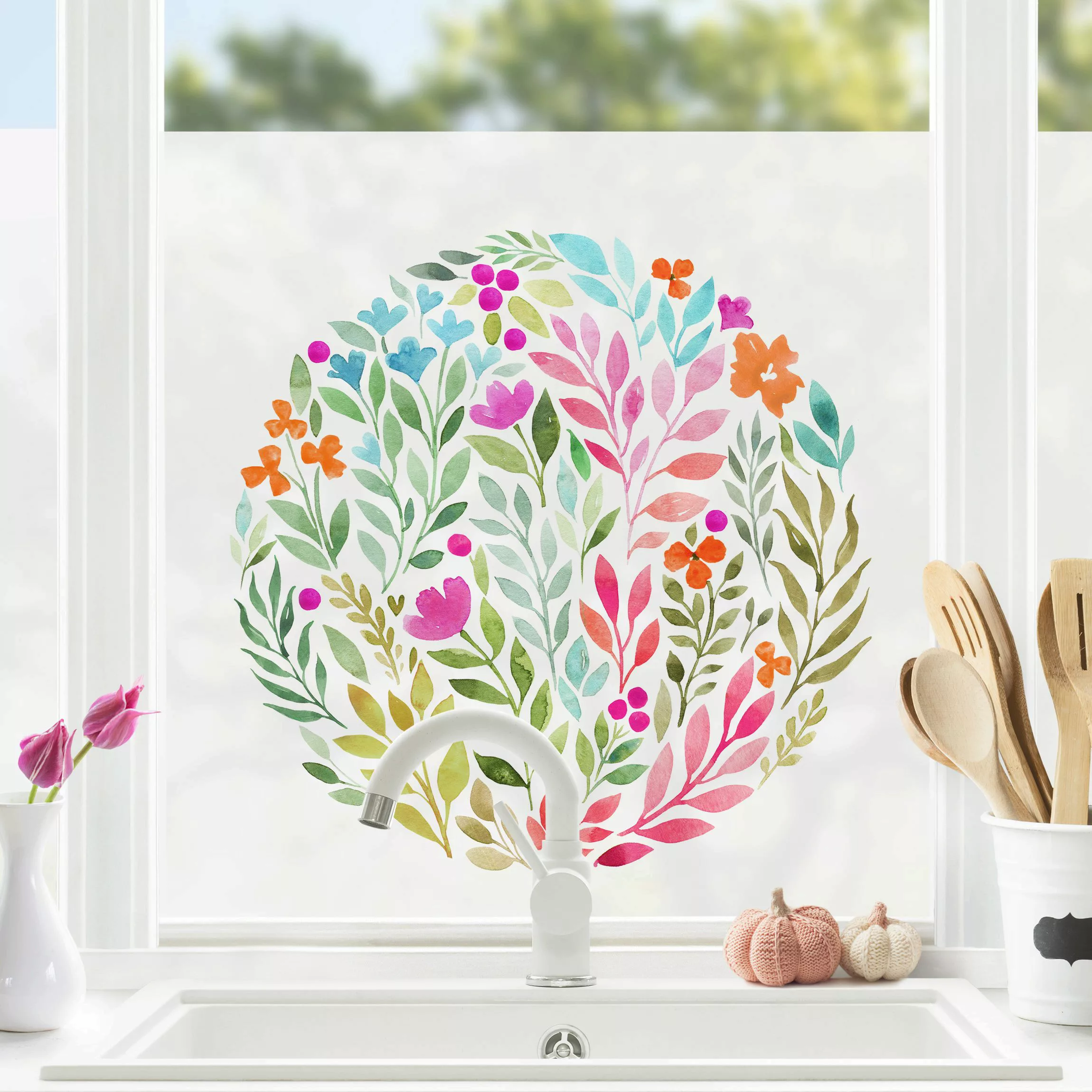 Fensterfolie Blumiges Aquarell im Kreis günstig online kaufen