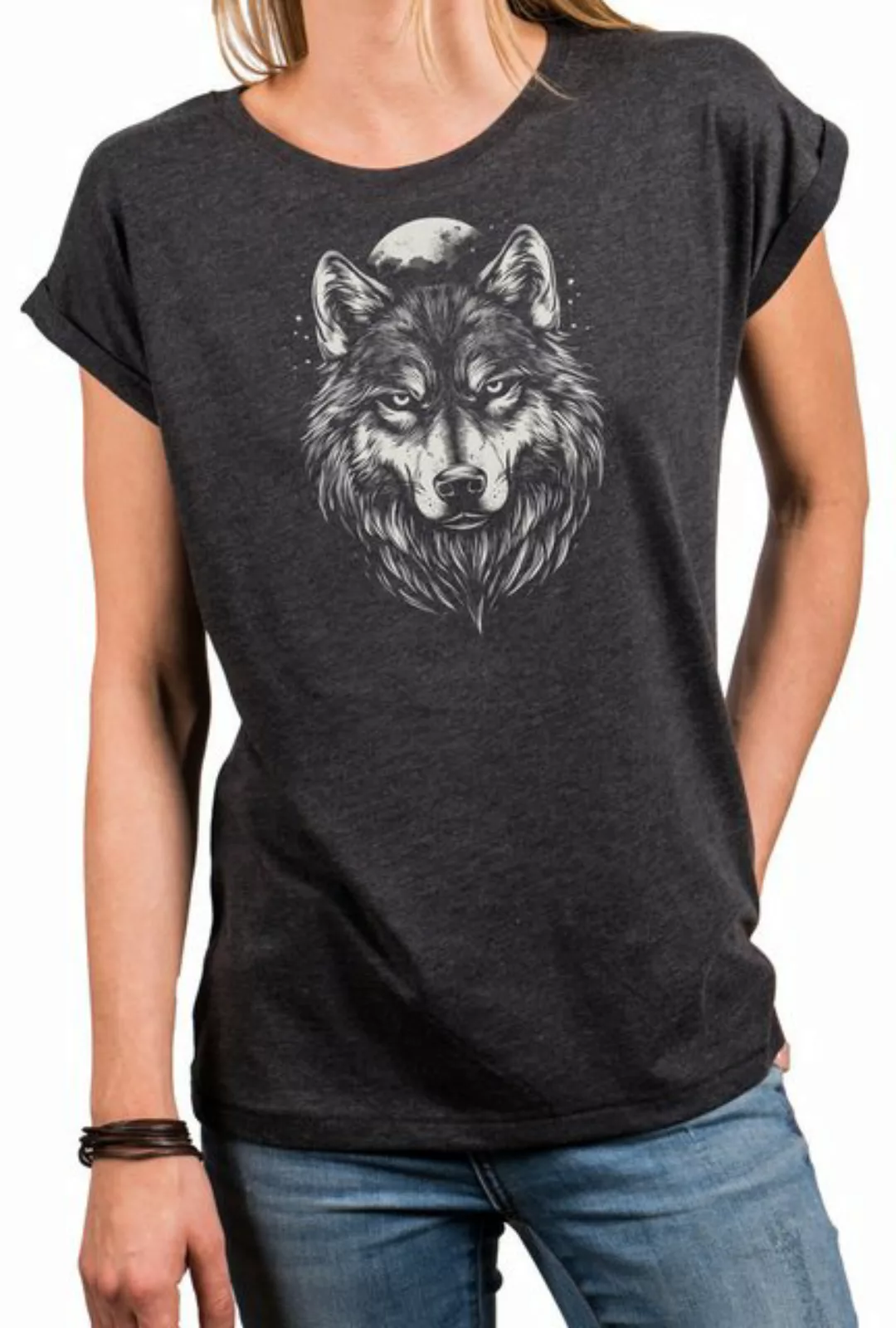 MAKAYA Print-Shirt mit Wolf Motiv für Damen Wolfskopf Viking Wikinger Top ( günstig online kaufen