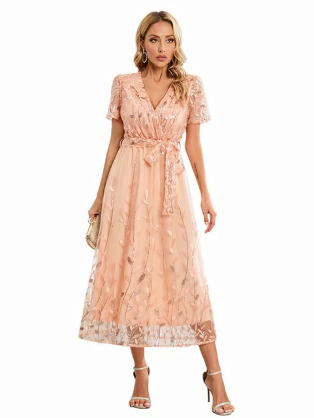 Mayou Abendkleid Damen Elegant Kurzarm V-Ausschnitt Pailletten Stickerei Me günstig online kaufen