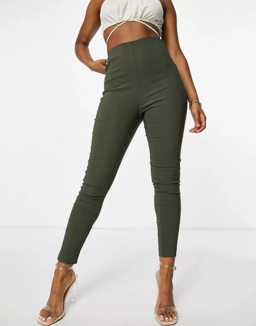 ASOS DESIGN – Enge Hose in Khaki mit hoher Taille-Grün günstig online kaufen